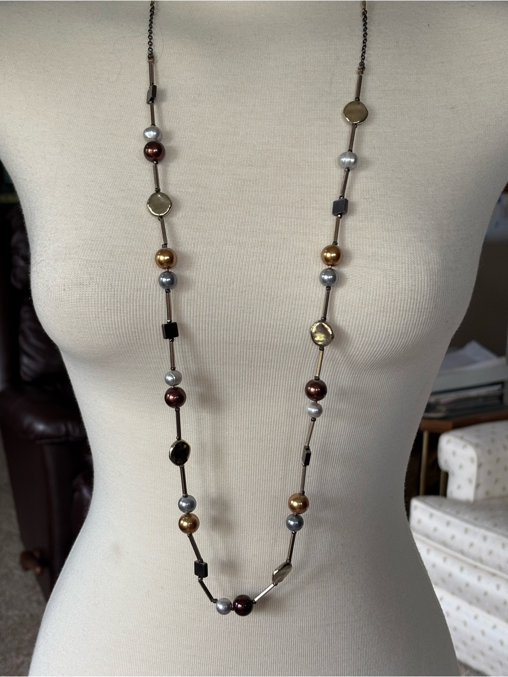 Long Multi-Bead Necklace in Gold, Silver, Bronze and Brown